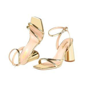 RIBONGZ Gold Block Heel Sandals With Strappy Design NWB  Size 6.5‎